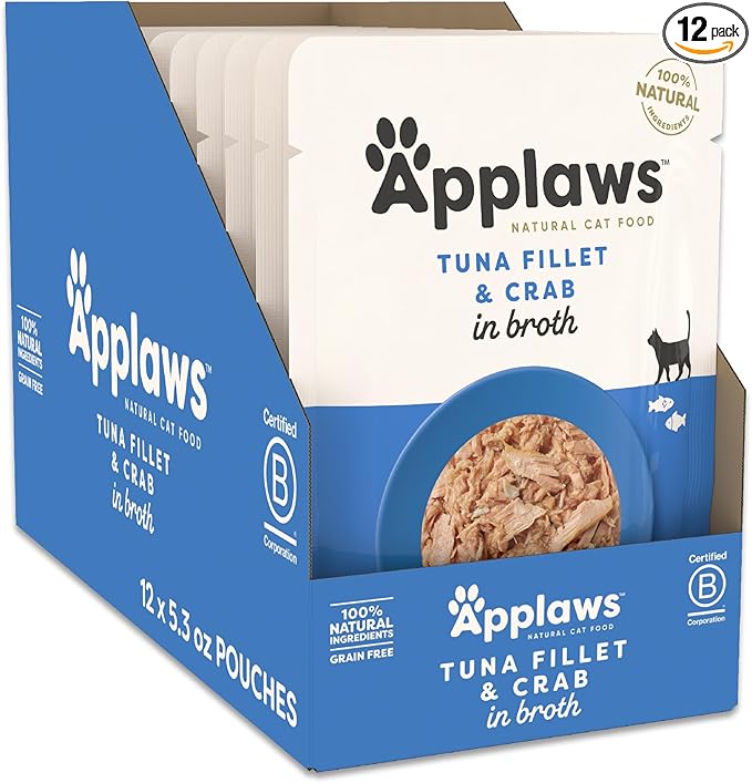 Applaws Natural Wet Cat Food in Broth, Limited and Natural Ingredients, High Protein with No Artificial Additives, Tuna Fillet & Crab in Broth (12 x 5.3oz Pouches)