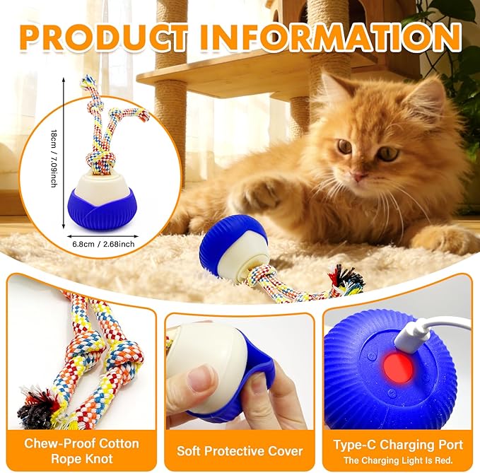 Interactive Cat Toy, 360° Rotating Automatic moving cat toys, Voice Recordable Auto Rolling Pet Toy with LED Sound & Music, Rechargeable Interactive Cat Toys for Indoor Cats & Small Dogs (ORANGE)