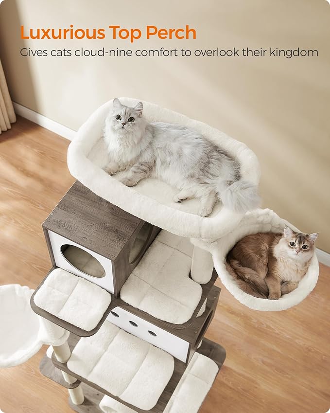 Feandrea Cat Tree, 75.6-Inch Modern Cat Tower, Tall Multi-Level Condo with 2 Caves, 2 Hammocks, 4 Scratching Posts, Self-Groomer, Tunnel, Perch, Heather Greige UPCT193G01