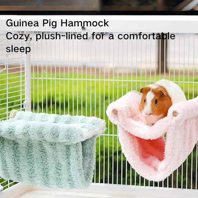 Winter Warm Guinea Pig Hammock, Double Layer Hanging Chinchilla Nest Bed with Warm Plush, Bird Cage Stand Perch, Hideaway Cave Tent, Sleep Bed Cage Accessories for Rat Sugar Glider Parrot (Green)