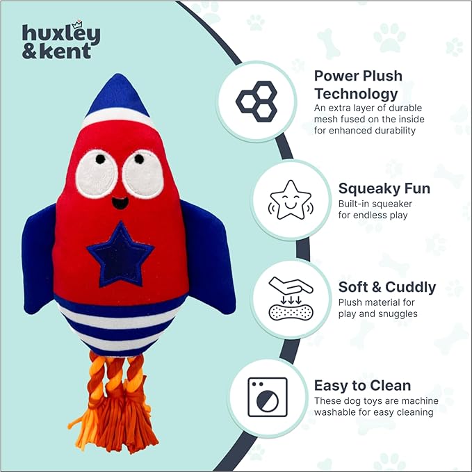 Huxley & Kent Funny Dog Toy w/Squeaker – Power Plush Squeaky Dog Toys for Small, Medium & Large Dogs – Soft Stuffed Animal for Indoor Play & Fetch - Rocket Man, Large