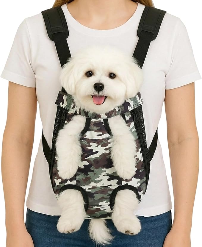Dog Backpack Carrier, Front Pocket for Essentials, Legs Out Carrying Sling Travel Bag for Small Medium Dogs 4-7 Lbs, Soft Wearable Puppy Chest Carry Backpacks for Walking/Hiking/Camping/Traveling