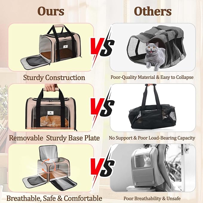 Cat Carrier - Cat Carrier Soft with Plush Pad & Cooling Mat, Easy-Load 4-Side Zipper & 3-Side Mesh Ventilation, Pet Carrier Airline Approved for Cats/Dogs Up to 16 lbs, Brown