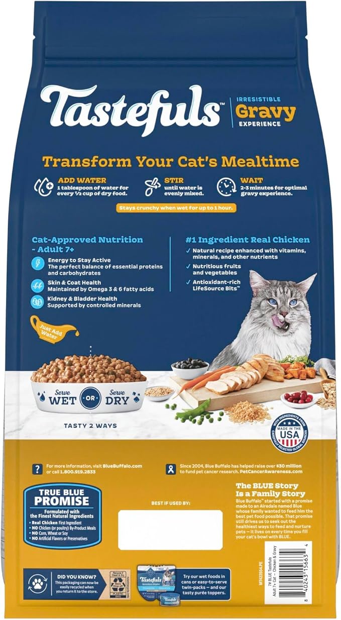 Blue Buffalo Tastefuls Irresistible Gravy Experience Adult Cat 7+ Dry Food, Chicken & Brown Rice Recipe, 7-lb. Bag