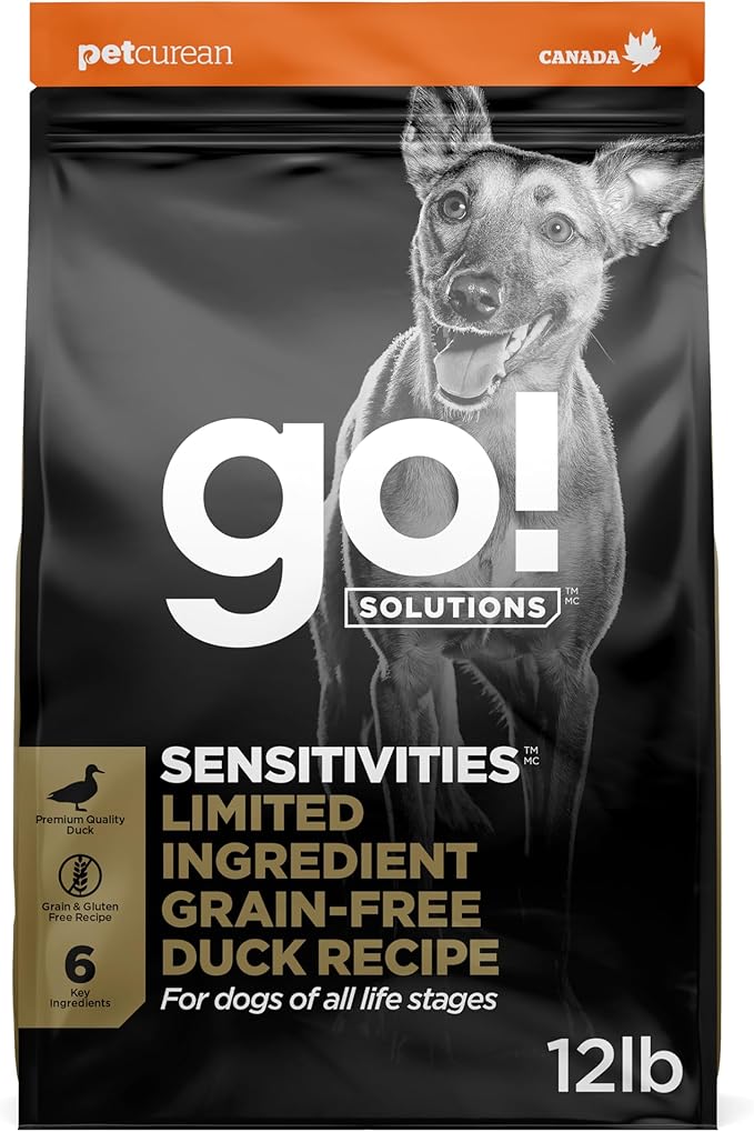 Go! Solutions Sensitivities Limited Ingredient Duck Grain-Free Dry Dog Food, Chicken-Free Kibble Made by Experts for Sensitive Stomachs & Food Allergies, for Puppies, Adults, & Seniors, 12 lb Bag