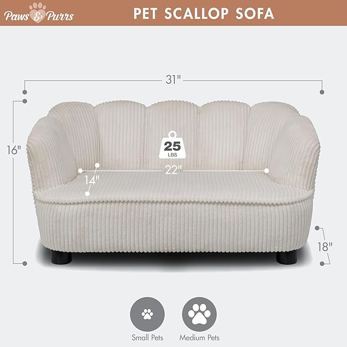 Paws & Purrs Retro Scalloped Back Sofa Style Pet Bed, Dog & Cat Couch with Tufted Cushion & Armrest, Stylish Indoor Pet Furniture, Cream