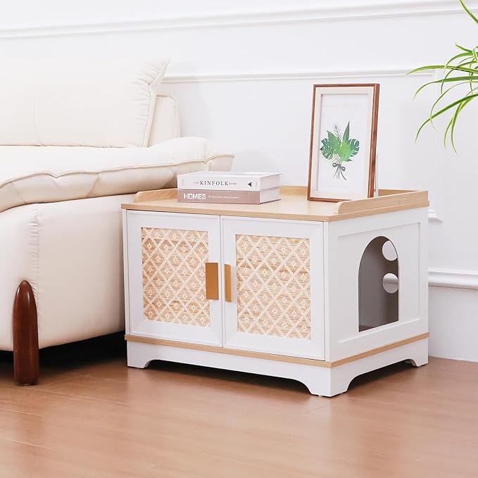 Boho Cat Litter Box Enclosure Furniture, Hidden Litter Box Cabinet with Rattan Doors, Modern Cat Washroom, Wooden Cat House with Reversible Entrance & Top Perch (29.6”L x 21”W x 20.8”H)