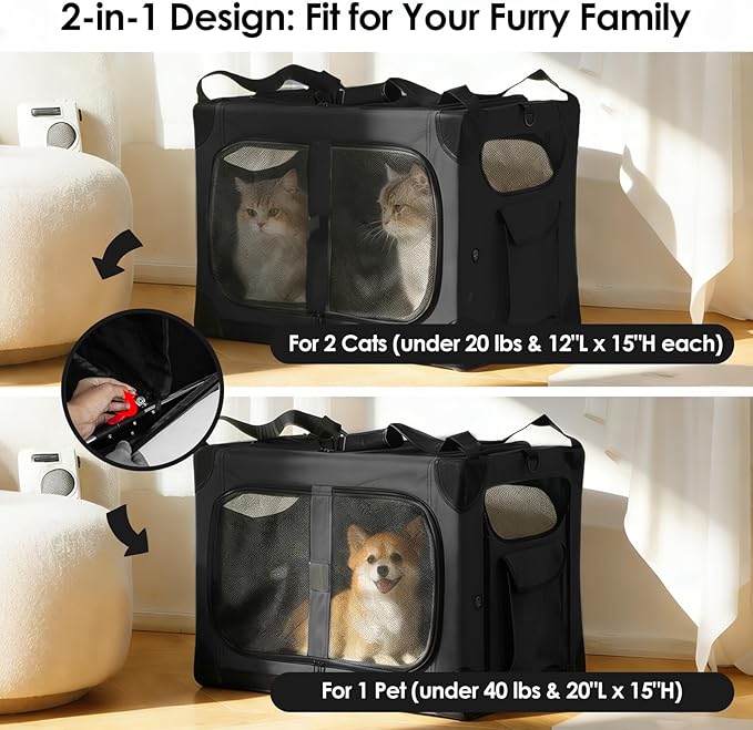 Extra Large Cat Carrier for 2 Cats, XL with Removable Divider, Foldable Soft-Sided Pet Carrier with Storage Tote, Portable Travel Crate for Large Cats, for Car & Home Use, 24" x 17" x 17"