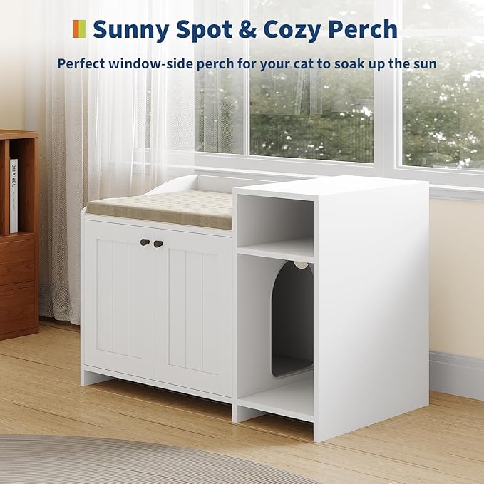 Garvee Cat Litter Box Enclosure Furniture Wooden Hidden Litter Box Cabinet with Vent Door Left Side Storage Drawer Shelf Small Storage Cabinet Raised Legs Top Protectors
