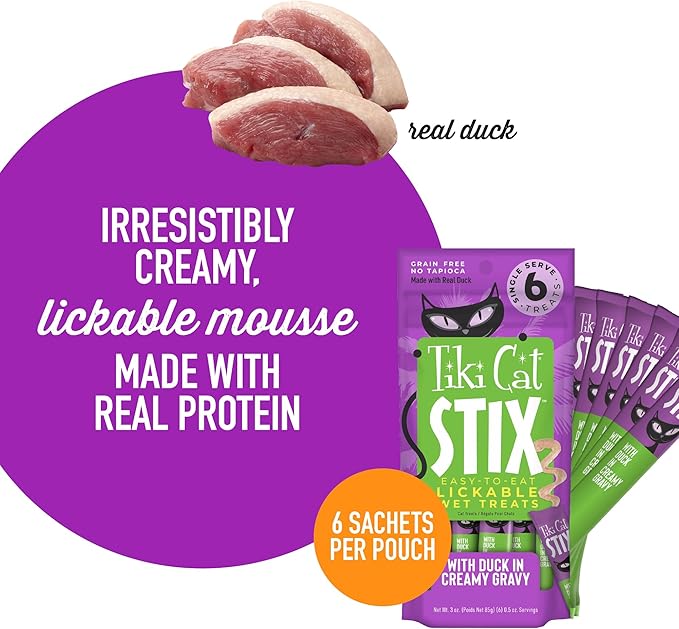 Tiki Cat Stix Wet Mousse Cat Treats, 3 oz. Pouch of Single Serve Lickable Treats, with Duck in Creamy Gravy, (8 Pack of 72 Tubes)