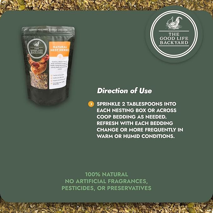 Hatching Time Good Life Backyard Natural Nest Herbs for Chickens – Herbal Nesting Box & Coop Bedding Blend for Freshness and Comfort (9 oz Resealable Pouch)