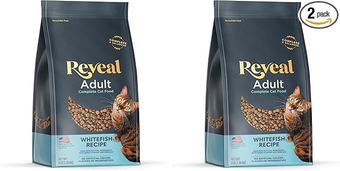 Reveal Natural Adult Dry Cat Food, High Protein, Grain Free with Added Vitamins & Minerals, Complete & Balanced Nutrition for Cats, Whitefish Recipe (3 Pound Bag) (Pack of 2)