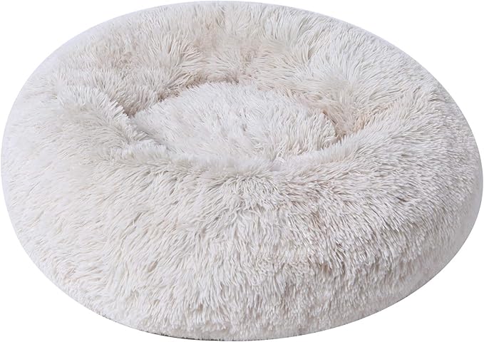 BinetGo Calming Cat and Dog Beds, 20 Inch Beige Donut Bed - Machine Washable, Anti Slip Waterproof Bottom