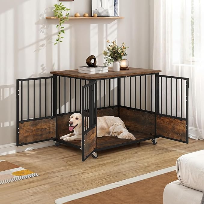 DWVO Dog Crate Furniture with Wheels, 38 Inch Dog Kennel Indoor Furniture End Table Dog Crate for Dogs, Farmhouse Decorative Wooden Dog Cage Table with Double-Doors, Chew-Resistant, Rustic Brown