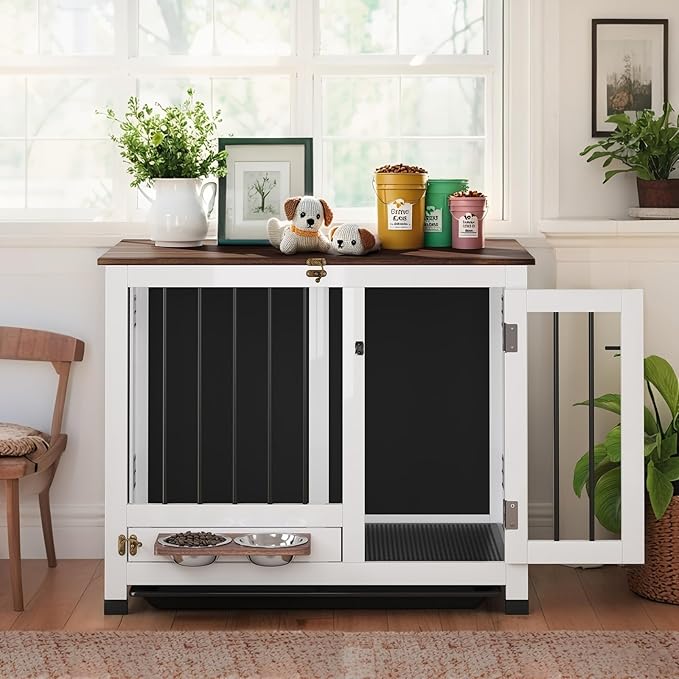Dog Crate - 31.5" Wooden Dog Kennel Furniture with 360° Rotating Feeder & Removable Tray | Multi-Functional End Table for Medium & Small Dogs, White Dog Cage Indoor, Portable Pet Furniture