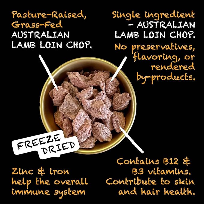 SIMBA'S WAY -Freeze Dried- RAW Australian Lamb LOIN CHOPS Dog and Cat Treats, Pasture-Raised, Grass-Fed, Human Grade, Single Ingredient, All Natural, Grain-Free, Made in The USA. [3 .oz] [2 PK]