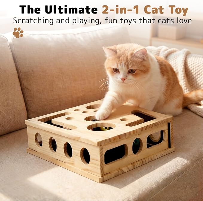 Cat Nail File Enrichment Box with Sandpaper 3 Balls, Multilayer Solid Wood Cat Scratch Puzzle Box Nail File, Interactive Cat Puzzle Toy for Indoor Cats, Alternative to Nail Clippers