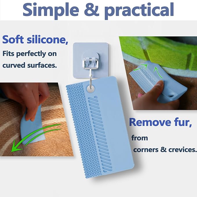 Self-Cleaning Cat Shedding Grooming Brush for Small Dog Pet Short Hair Remover Set Reusable Lint Removal Tool Carpet Scraper for Clothes Couch Bedding Furniture Car Blue