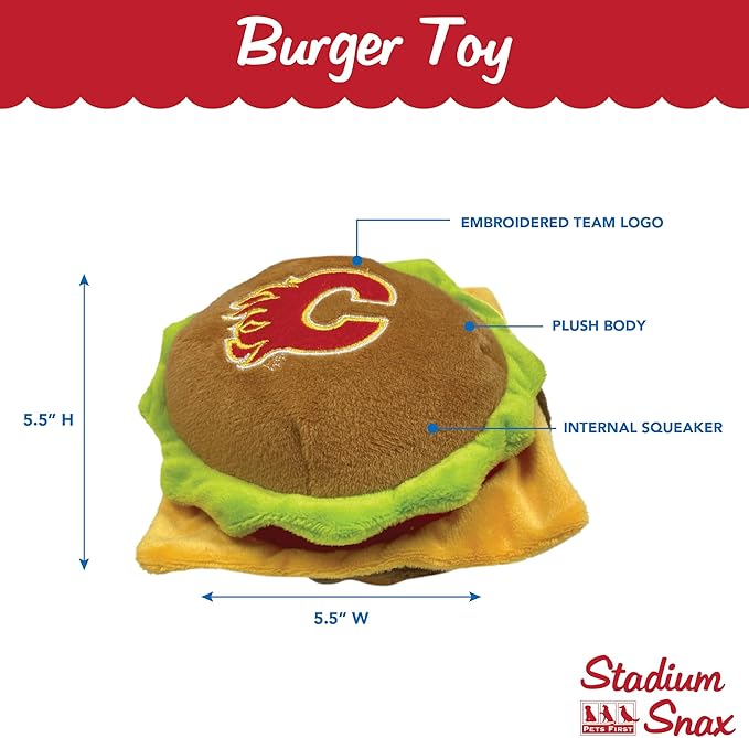 Pets First NHL Calgary Flames Crinkle Fine Plush Dog & Cat Squeak Toy - Cutest STADIUM HAMBURGER Plush Toy for Dogs & Cats with INNER SQUEAKER & Beautiful Hockey Team Name/Logo