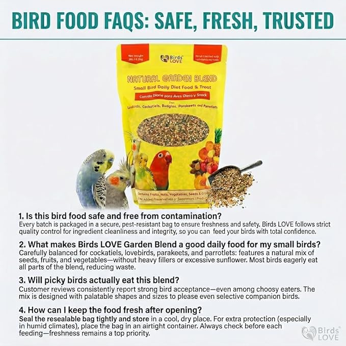Birds LOVE All Natural Garden Blend Bird Food for Small Birds - Lovebirds, Cockatiels, Parakeets and Parrotlets 2lb