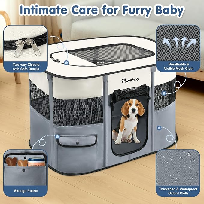 Dog Playpen, Portable Pet Playpen Cat PlayPens,600D Oxford Dog Kennel Tent Crate, Waterproof&Breathable, Indoor Outdoor Travel Camping Use for Medium/Large Breed with Carrying Case+Folding Bowl,L,Gray