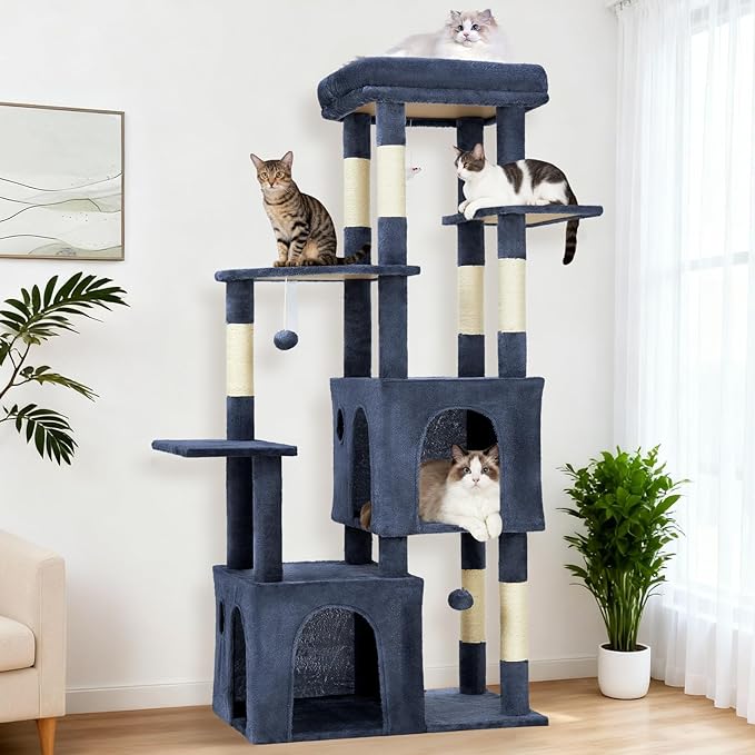 61.4 Inch Cat Tree, Large Cat Tower with Sisal Scratching Posts, 2 Spacious Cat Beds, Hanging Ball & Top Perch, Ideal for Large Indoor Adult Cats, Blue