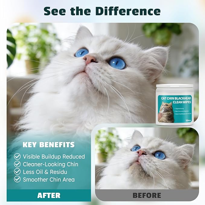 Cat Chin Finger Wipes – for Oil & Blackhead Build-Up, Gentle Plant-Based Formula for Sensitive Skin, No-Rinse, Daily Cat Chin Cleaning Wipes, All Ages, 50 Count