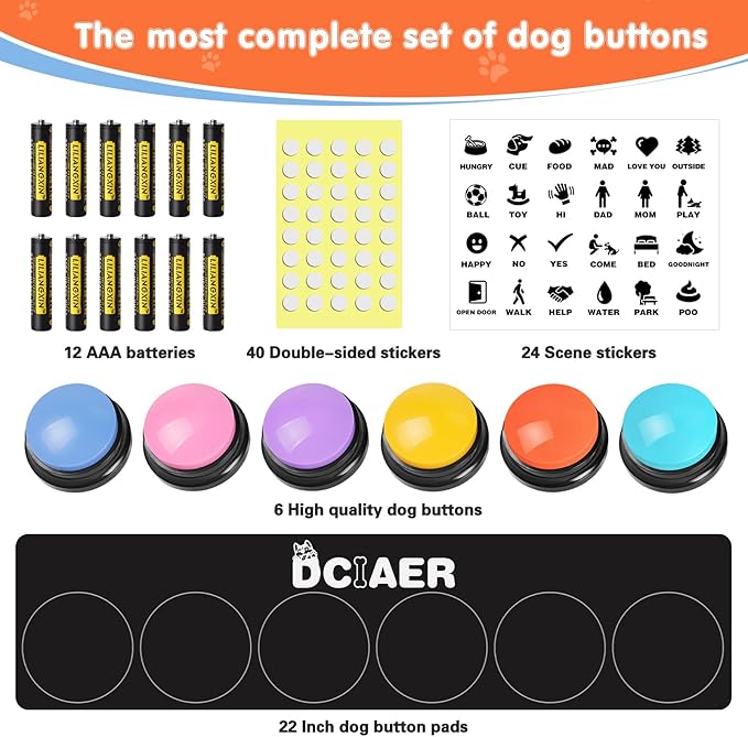Dog Buttons for Communication,Talking Buttons for Dogs,6 Recordable Sound Buttons + 24 Scene Patterns + 1 Dog Button Mat+ 12 AAA Batteries，30 Seconds Dog Buttons for Pet Sound Training Toy