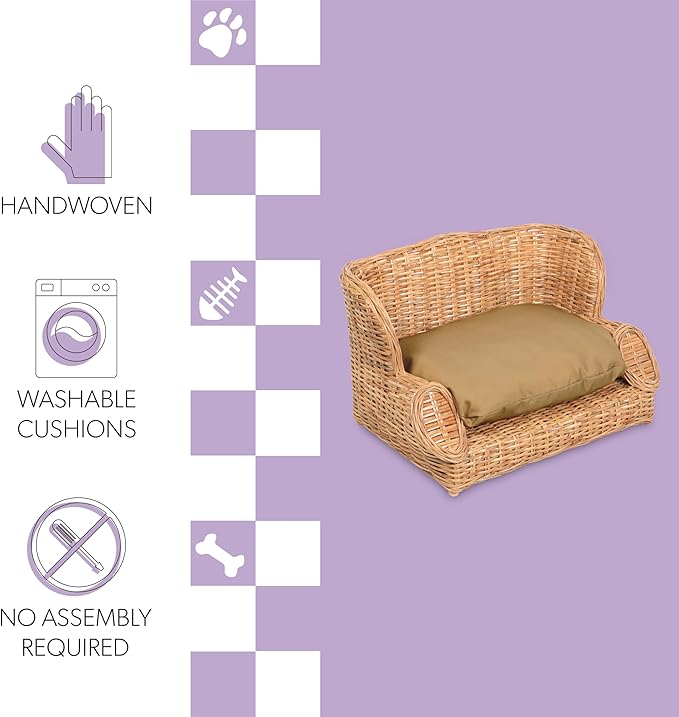 DBD1004B Handwoven Water Hyacinth Pet Daybed with Machine-Washable Cushion, 27.5" x 18" Wicker Sofa for Small to Medium Dogs and Cats, Vintage Style Elevated Pet Bed, Light Brown