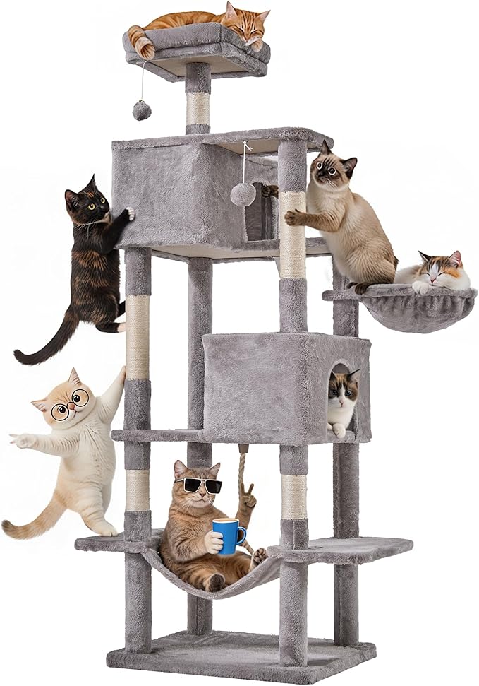 Cat Tree for Indoor Cats, 66 Inches Cat Tower with Scratching Post, Multi-Level Climbing Tree Cat House Padded Plush Perch, Cat Condo Activity Center with Pompoms, Kittens Pet Play House, Beige