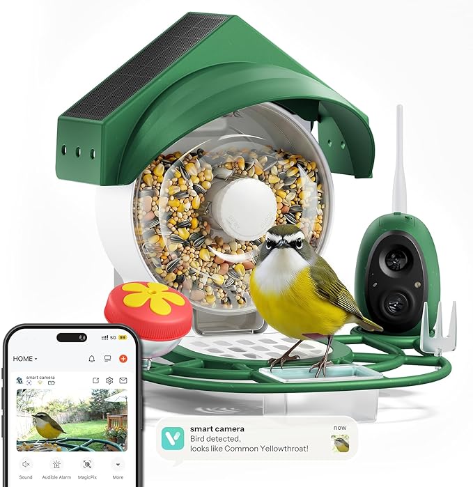 Smart Bird Feeder with Camera - 2K HD Smart Bird Feeder, Solar Powered Outdoor Birdhouse with AI Bird Identification for Backyard Birding & Wildlife Bird Watching, Gift for BirdLover (Green)