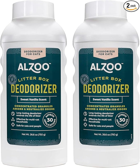 ALZOO Cat Litter Deodorizer, Concentrated Granules Absorb & Help Neutralize Odors, 100% Plant-Based Active Ingredients, Up To 30 Uses, Sweet Vanilla Scent, 26.6 Oz., Pack of 2