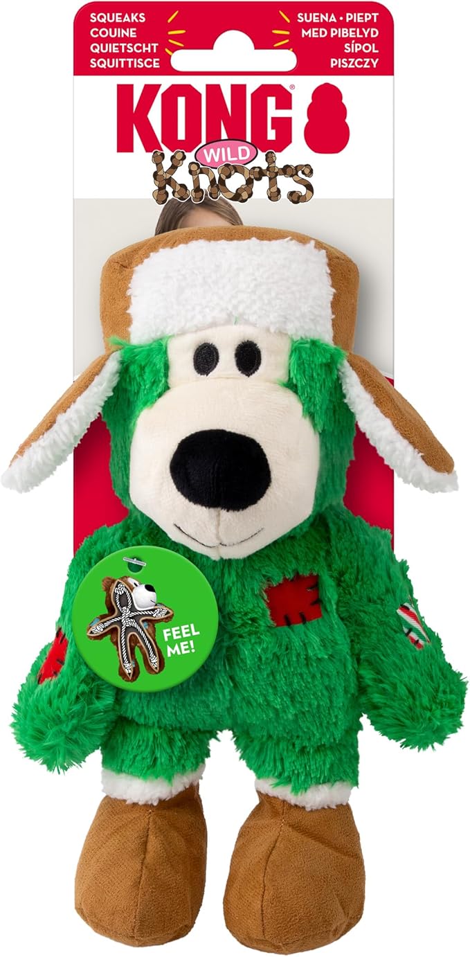 KONG Christmas Holiday Wild Knots Bear Dog Toy – Durable Rope Skeleton, Squeaker for Long-Lasting Play, Less Stuffing for Less Mess, Assorted Colors (2 Pack, Small/Medium)
