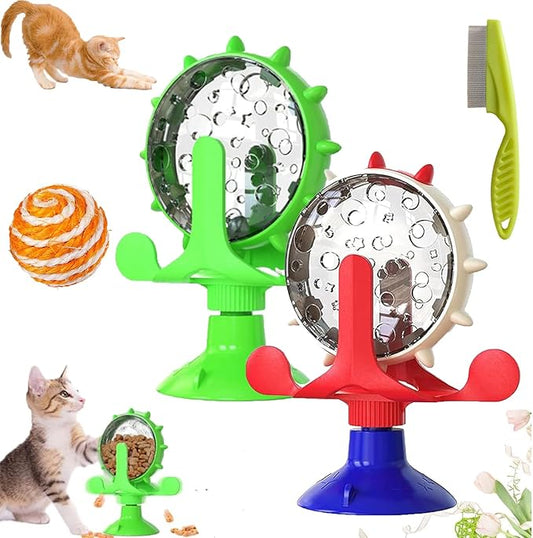 Food Spinning Windmill, Windmill Dog Treat Dispenser, 360°Rotating Treat Dispenser Toy with Suction Cup, Fun Multi Layer Rotating Turntable for Pet Toys (Red+Green)
