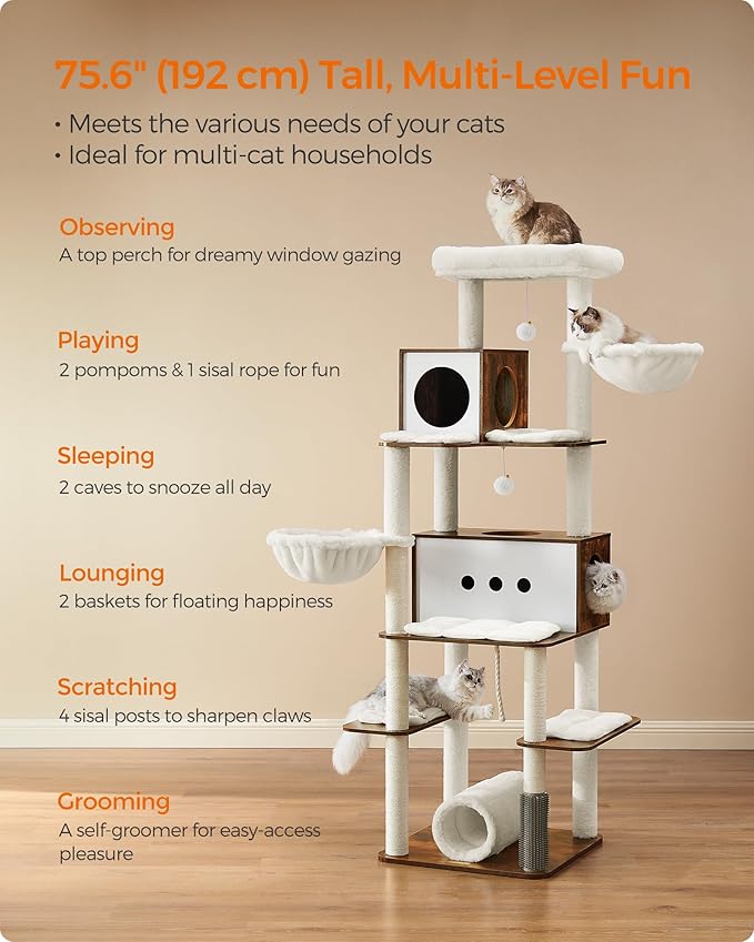 Feandrea Cat Tree, 75.6-Inch Modern Cat Tower, Tall Multi-Level Condo with 2 Caves, 2 Hammocks, 4 Scratching Posts, Self-Groomer, Tunnel, Perch, Rustic Brown UPCT193X01