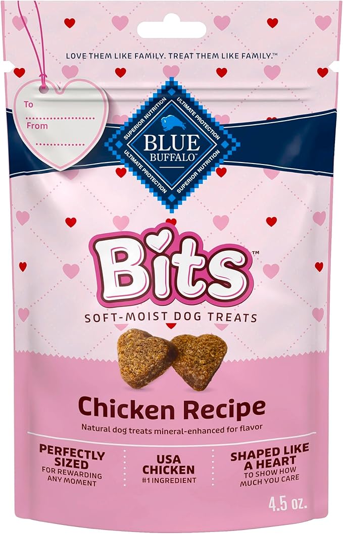 Blue Buffalo Bits Soft & Chewy Natural Dog Treats, Bite-Sized & Heart-Shaped Valentine’s Morsels, Chicken Recipe, 4.5-oz Bag