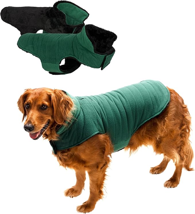 Furhaven Reversible Large Dog Coat, Washable & Insulating w/ Leash Access - Faux Fur & Quilted Fleece Flex-Fit Jacket - Black/Green, Large