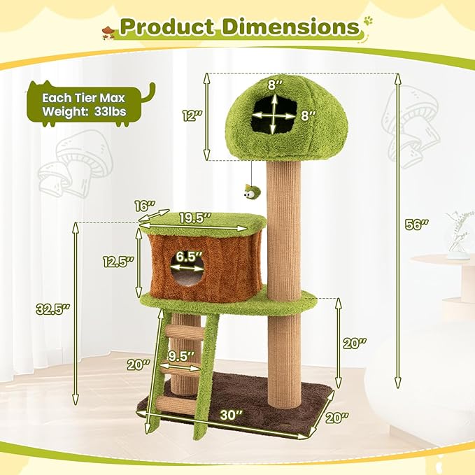 PETSITE 56-inch Forest-Themed Cat Tree, Multi-Level Cat Tower with 2 Cute Condos, Climbing Ladder, Teasing Ball, Sisal Posts, and Removable Cushion, Modern Cute Cat Tree for Indoor Cats