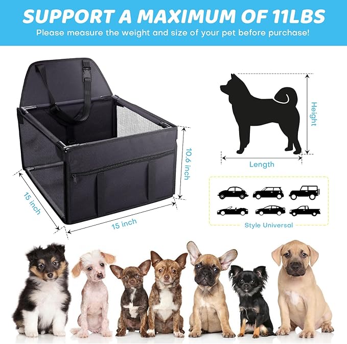 GENORTH Small Dog Car Seats for Small Dogs,Portable Puppy/Pet Car Booster Seat with Clip-On Leash and Mesh Window for Small Pet Up to 11 lbs