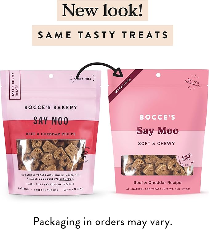Bocce's Bakery Oven Baked Say Moo Treats for Dogs, Wheat-Free Everyday Dog Treats, Made with Real Ingredients, Baked in The USA, Natural Soft & Chewy Cookies, Beef & Cheddar Recipe, 6 oz (Pack of 2)
