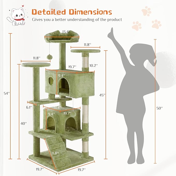 Sweetcrispy 54 Inch Cat Tree Tower, Multi-Level with Cat Scratching Post, Indoor Cat Condo with Climbing Ladder, Plush Toy, Play House for Cat, Green