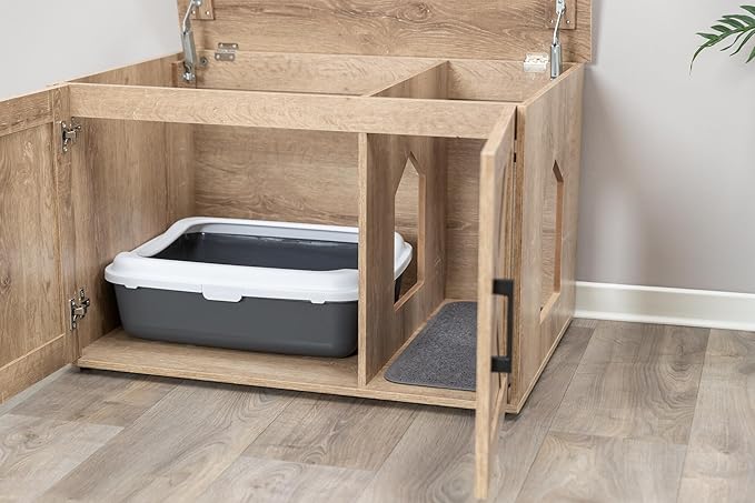 TRIXIE XL Farmhouse Litter Box Enclosure (Graywash), Hidden Litter Box for Cats in Farmhouse-Style, Openings on Either Ends, Large Ventilations Slots, Double Doors for Easy Cleaning, Removable Divider