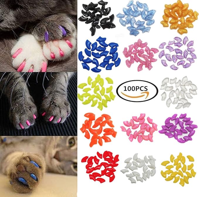 VICTHY Cat Nail Caps, 100pcs Medium Size 5 Colors, with Glue and Applicators, Natural Vinyl Resin, Long-lasting, for Cat Claw Care, Protect Homes and Furniture, Avoid Scratching, Multicolor