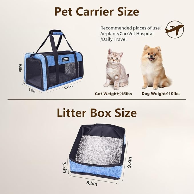 TSA Pet Carrier Airline Approved for Small Cats and Puppy, Cat Carrier Soft Fits Pets Up to 15 lbs, Dogs Carrier Bag with Litter Box Foldable, Ideal for Travel, Car Rides, and Vet Visits