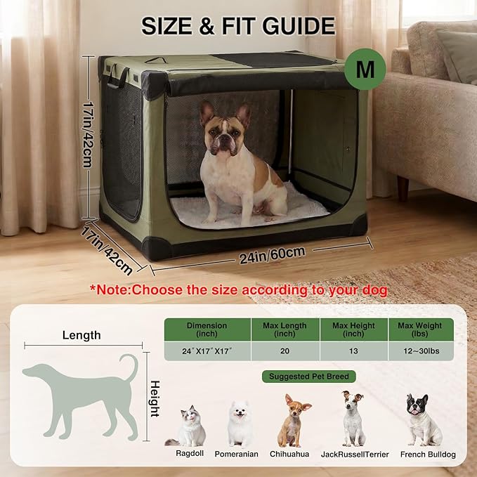 24 x 17 x 17 Inch Collapsible Soft Dog Crate for Dogs Up to 30 lbs, Portable Travel Pet Kennel with 4 Zip Doors, Foldable Indoor Outdoor Crate with Mat, Carry Bag, Green