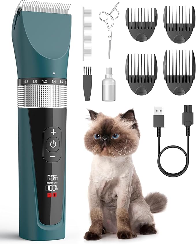 oneisall Cat Clippers for Matted Hair, 5-Speed Quiet Cat Grooming kit, Cordless Pet Shaver for Long Hair,Waterproof Pet Trimmer, Pet Clippers for Cats(Green)