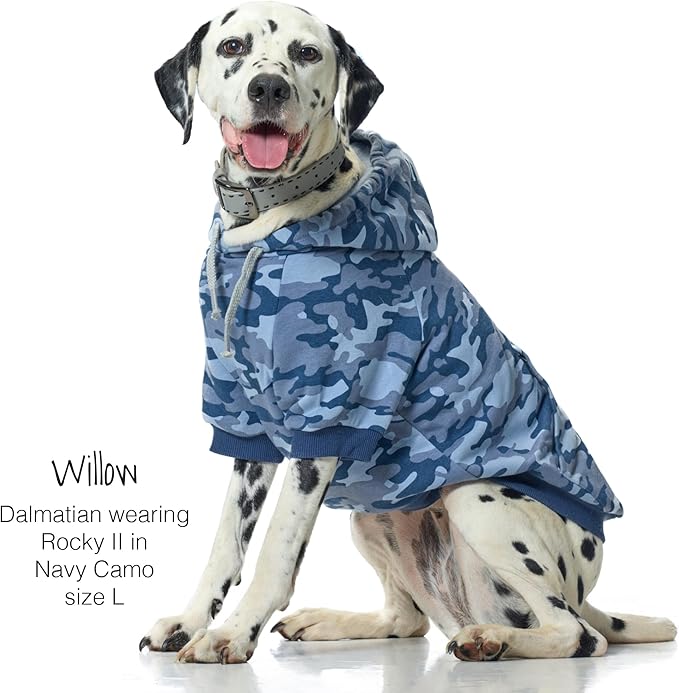 Pet Passion Rocky II - The Extra Comfy Hoodie, Organic Cotton and Recycled Poly Dog Hoodie Pet Coat Sweater for Small, Medium, Large Dogs, Navy Camo, X-Large