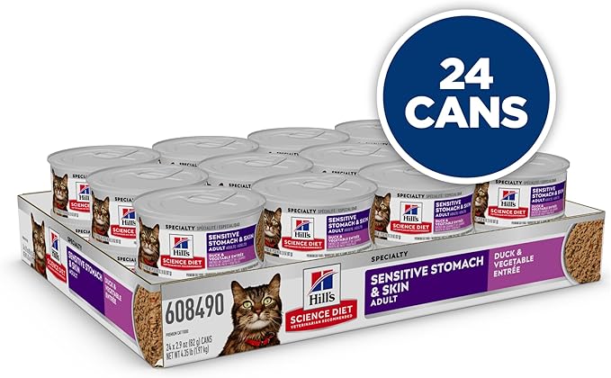 Hill's Science Diet Adult Sensitive Stomach & Skin Wet Cat Food, Duck & Vegetable, 2.9 oz. Cans, 24-Pack