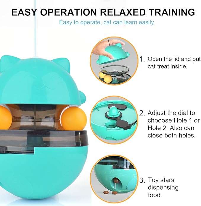 Cat Interactive Toy, Kitty Shape Tumble Food Dispensing Ball, Pet Treat Feeder Leaking Dispenser for Medium Small Dogs Cats (Blue)