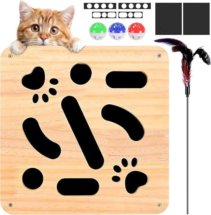 2026 Cat Scratch Puzzle Enrichment Box, Cat Nail File Enrichment Box, Includes Replacement Sandpaper, 3 Bell Balls & 1 Teaser Wand,Wooden Puzzle Treat Toy Box Stimulate Cat Instincts for Bored Cats